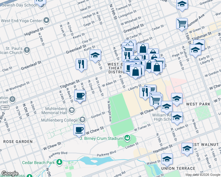 map of restaurants, bars, coffee shops, grocery stores, and more near 521 North 21st Street in Allentown