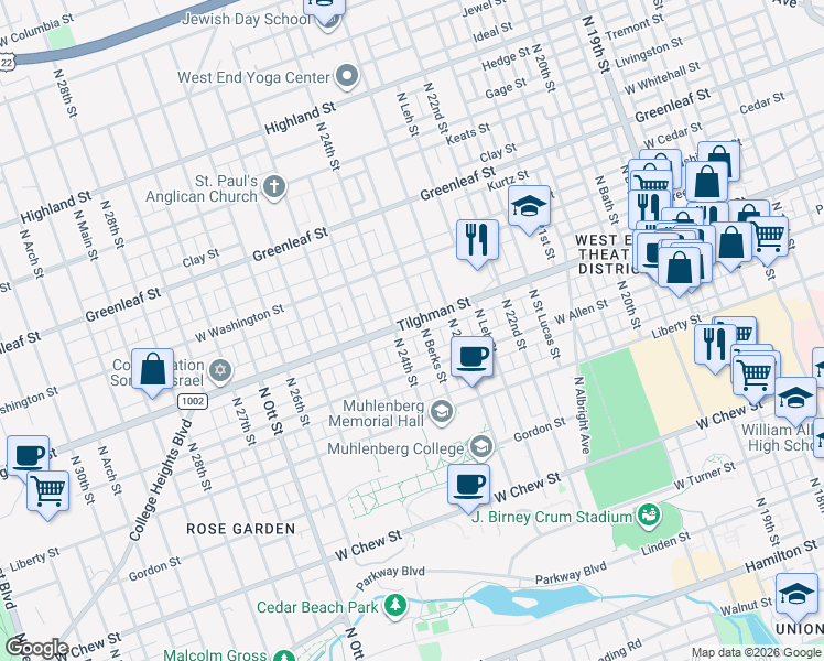 map of restaurants, bars, coffee shops, grocery stores, and more near in Allentown