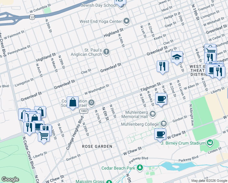 map of restaurants, bars, coffee shops, grocery stores, and more near 717 North Glenwood Street in Allentown