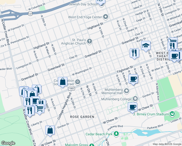 map of restaurants, bars, coffee shops, grocery stores, and more near 735 North 26th Street in Allentown