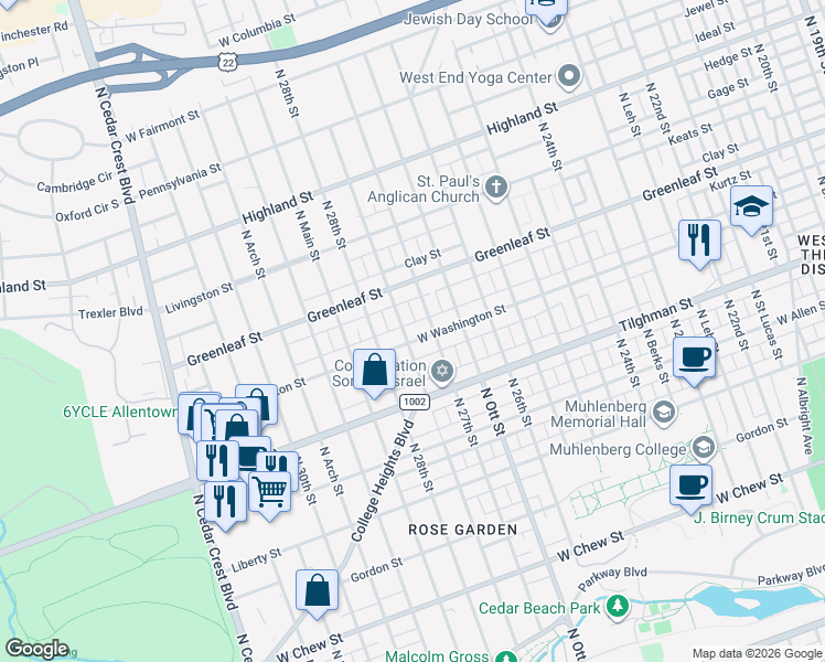 map of restaurants, bars, coffee shops, grocery stores, and more near 2707 West Washington Street in Allentown