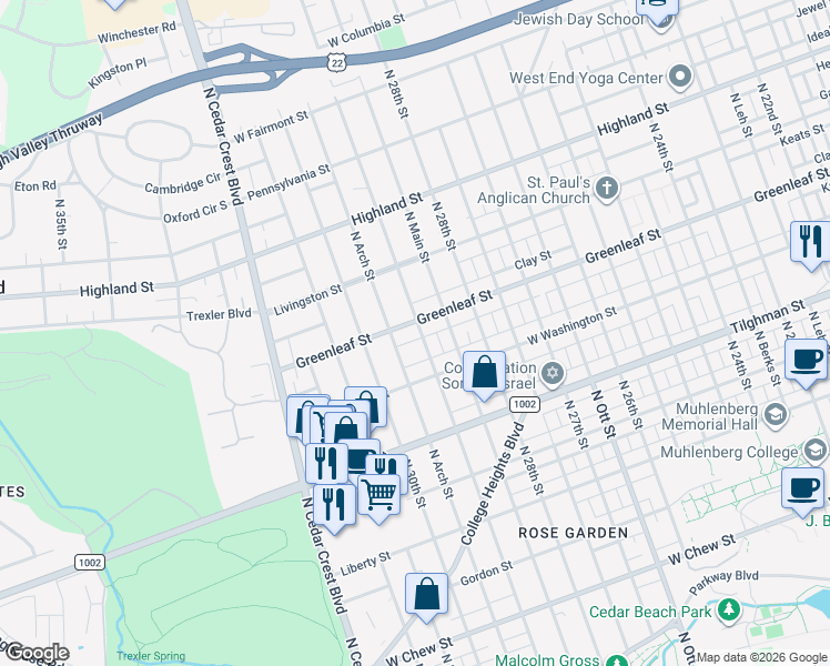 map of restaurants, bars, coffee shops, grocery stores, and more near 850 North 29th Street in Allentown