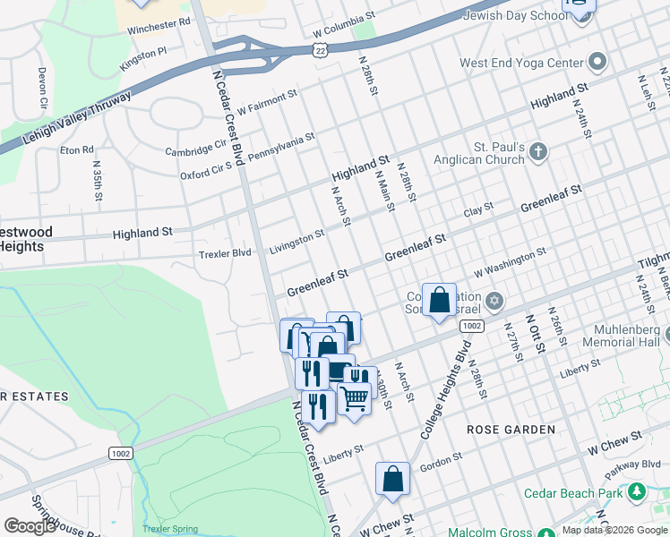 map of restaurants, bars, coffee shops, grocery stores, and more near 3023 Greenleaf Street in Allentown