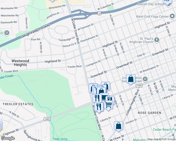 map of restaurants, bars, coffee shops, grocery stores, and more near 3056 West Whitehall Street in Allentown