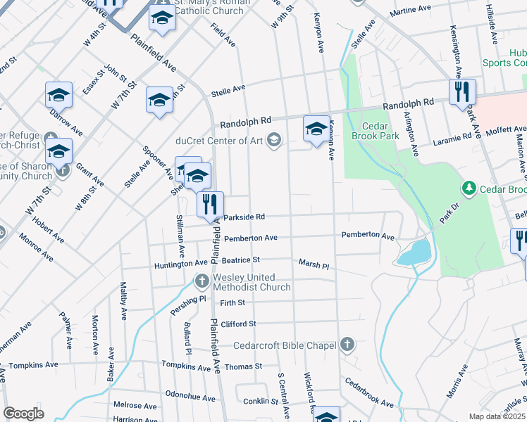 map of restaurants, bars, coffee shops, grocery stores, and more near 430 Parkside Road in Plainfield
