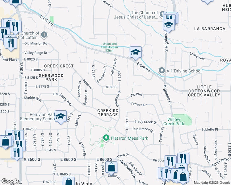 map of restaurants, bars, coffee shops, grocery stores, and more near 1781 East Portal Way in Sandy