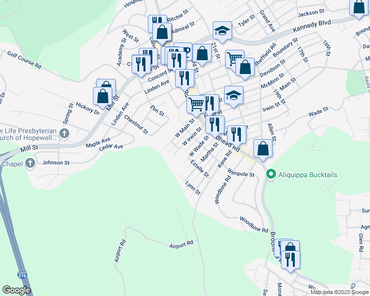 map of restaurants, bars, coffee shops, grocery stores, and more near 2415 West Irwin Street in Aliquippa