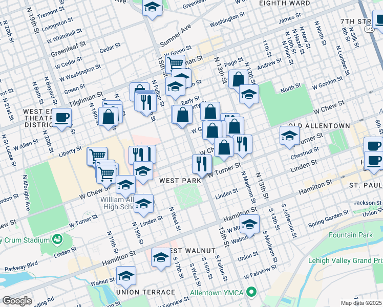 map of restaurants, bars, coffee shops, grocery stores, and more near in Allentown