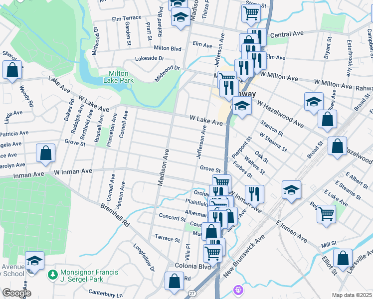 map of restaurants, bars, coffee shops, grocery stores, and more near 497 Sycamore Street in Rahway