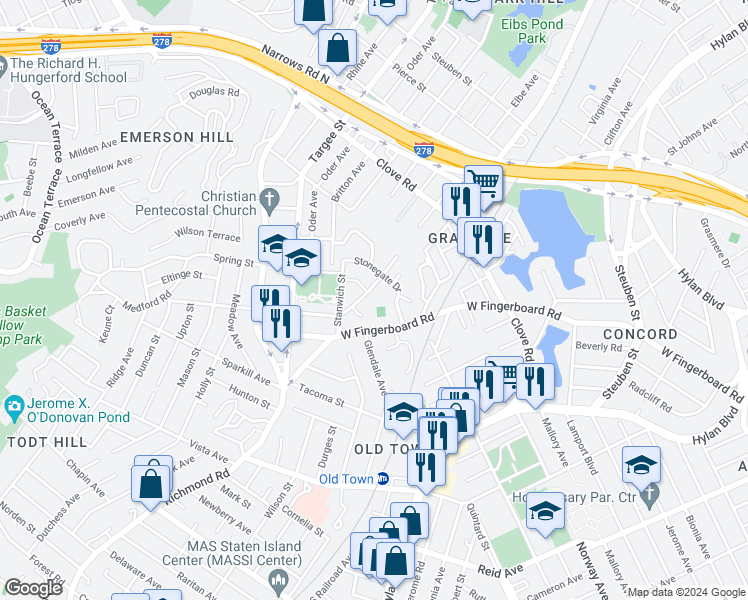 map of restaurants, bars, coffee shops, grocery stores, and more near 75 Gateway Drive in Staten Island