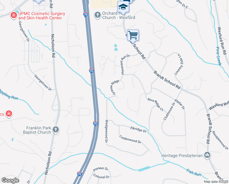 map of restaurants, bars, coffee shops, grocery stores, and more near 2587B Grouse Ridge in Wexford