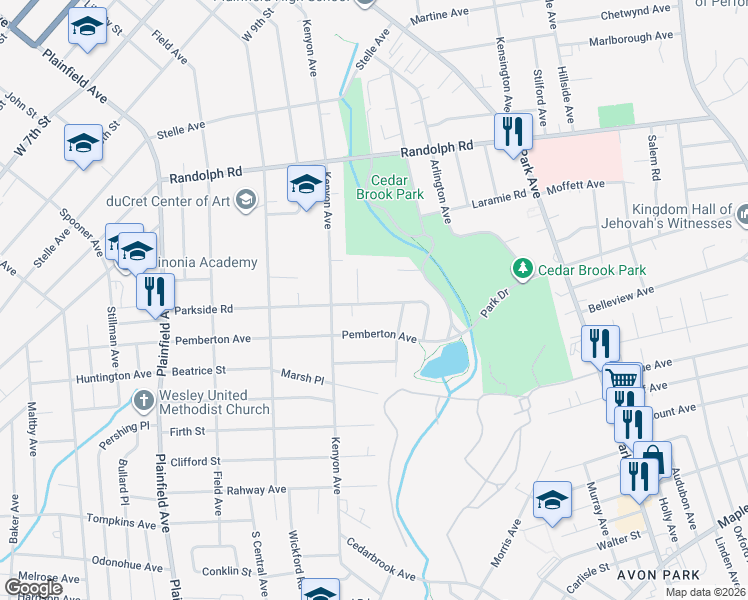 map of restaurants, bars, coffee shops, grocery stores, and more near 132 Parkside Road in Plainfield