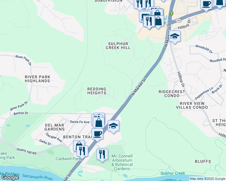 map of restaurants, bars, coffee shops, grocery stores, and more near 1515 Nancy Ct in Redding