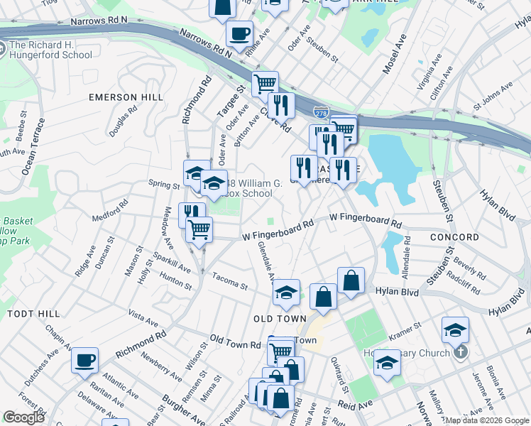 map of restaurants, bars, coffee shops, grocery stores, and more near 75 Gateway Drive in Staten Island