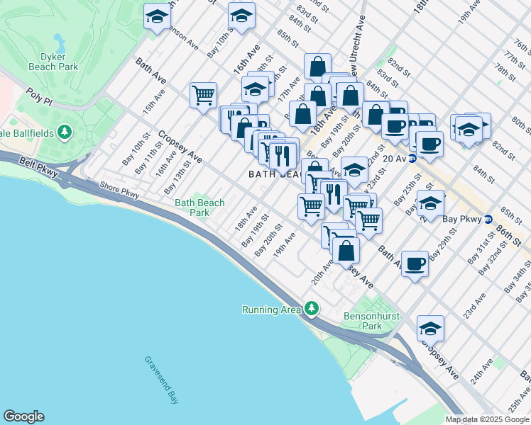 map of restaurants, bars, coffee shops, grocery stores, and more near 232 Bay 19th Street in Brooklyn