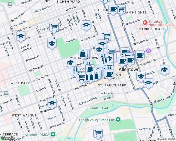 map of restaurants, bars, coffee shops, grocery stores, and more near 106 North 10th Street in Allentown