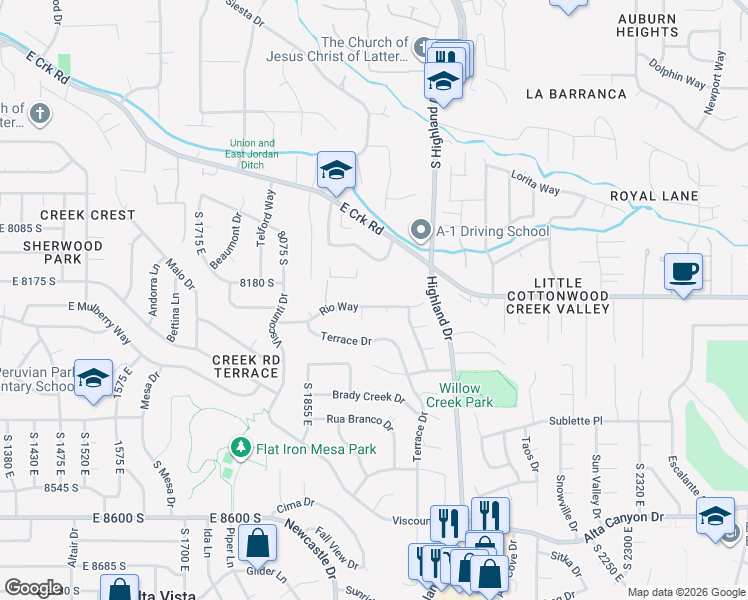 map of restaurants, bars, coffee shops, grocery stores, and more near 1957 Rio Way in Sandy