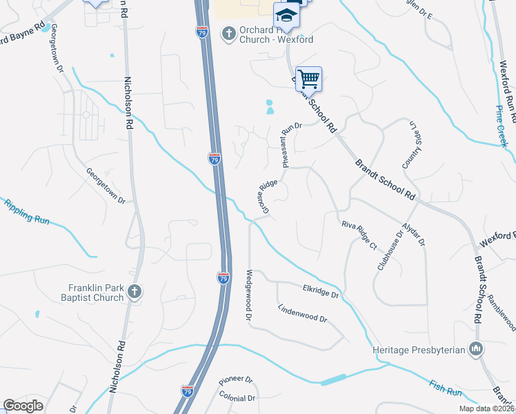 map of restaurants, bars, coffee shops, grocery stores, and more near 2587B Grouse Ridge in Wexford