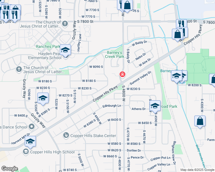 map of restaurants, bars, coffee shops, grocery stores, and more near 4903 South Copper Canyon Way in West Jordan