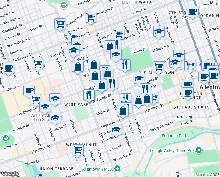 map of restaurants, bars, coffee shops, grocery stores, and more near 219 North Madison Street in Allentown