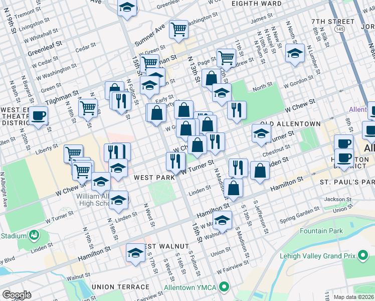 map of restaurants, bars, coffee shops, grocery stores, and more near 1432 West Chew Street in Allentown