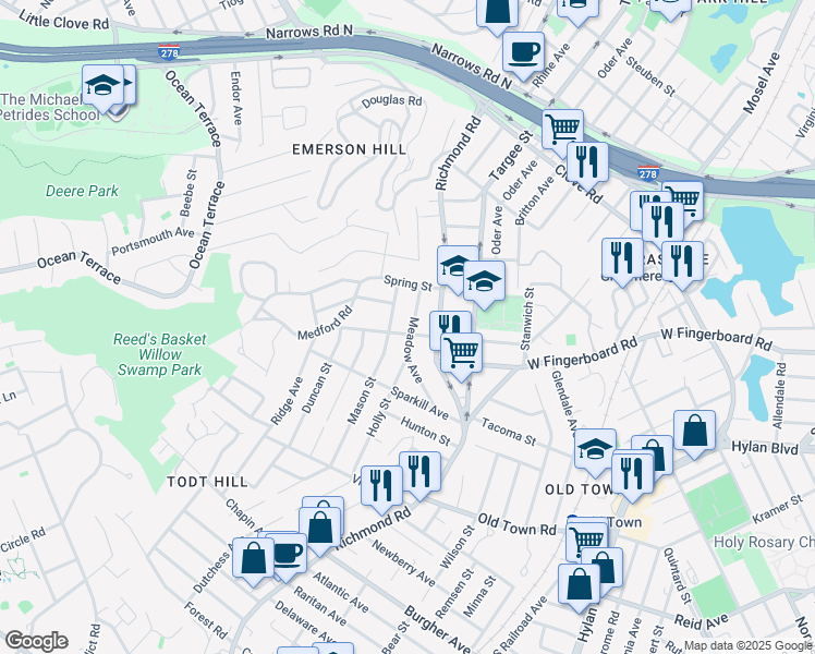 map of restaurants, bars, coffee shops, grocery stores, and more near 131 Rome Avenue in Staten Island