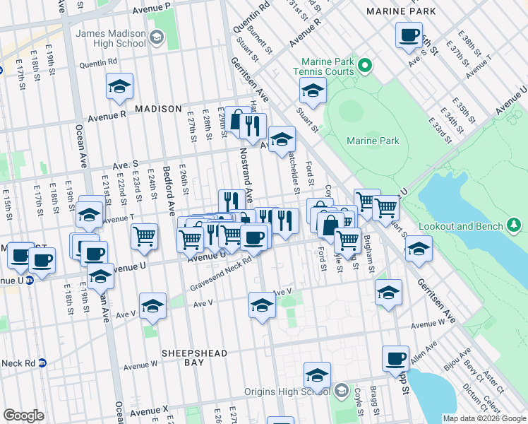 map of restaurants, bars, coffee shops, grocery stores, and more near 2031 Haring Street in Brooklyn