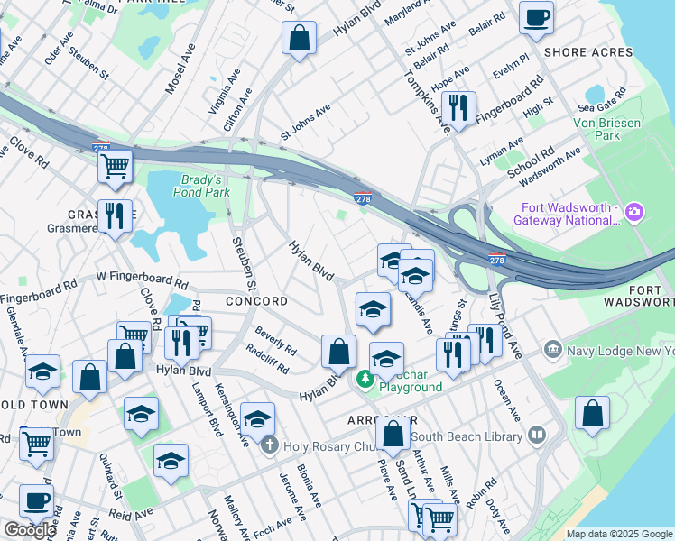 map of restaurants, bars, coffee shops, grocery stores, and more near 744 Hylan Boulevard in Staten Island