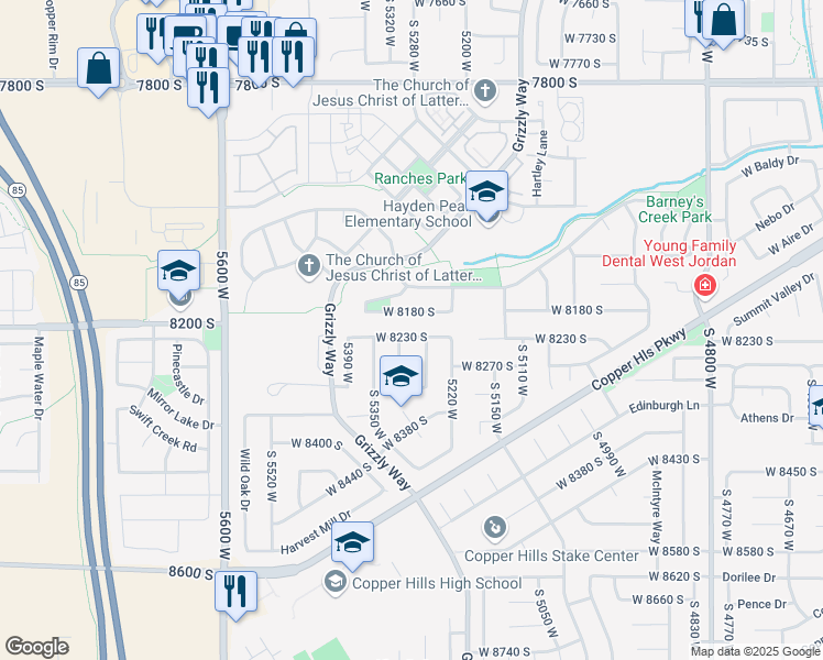 map of restaurants, bars, coffee shops, grocery stores, and more near 5288 West 8230 South in West Jordan