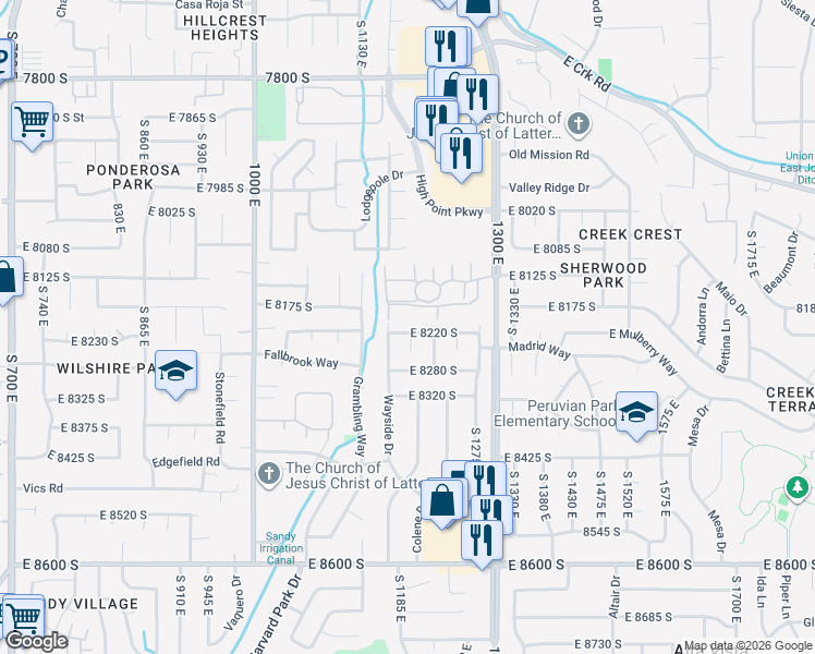 map of restaurants, bars, coffee shops, grocery stores, and more near 1191 East 8220 South in Sandy