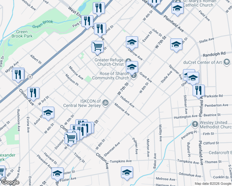 map of restaurants, bars, coffee shops, grocery stores, and more near 958-62 West 7th Street in Plainfield