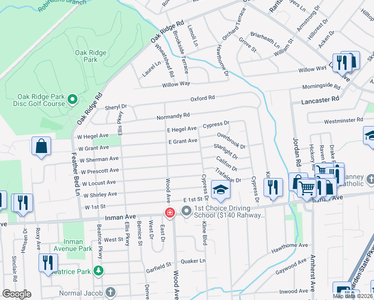 map of restaurants, bars, coffee shops, grocery stores, and more near 24 East Sherman Avenue in Woodbridge Township