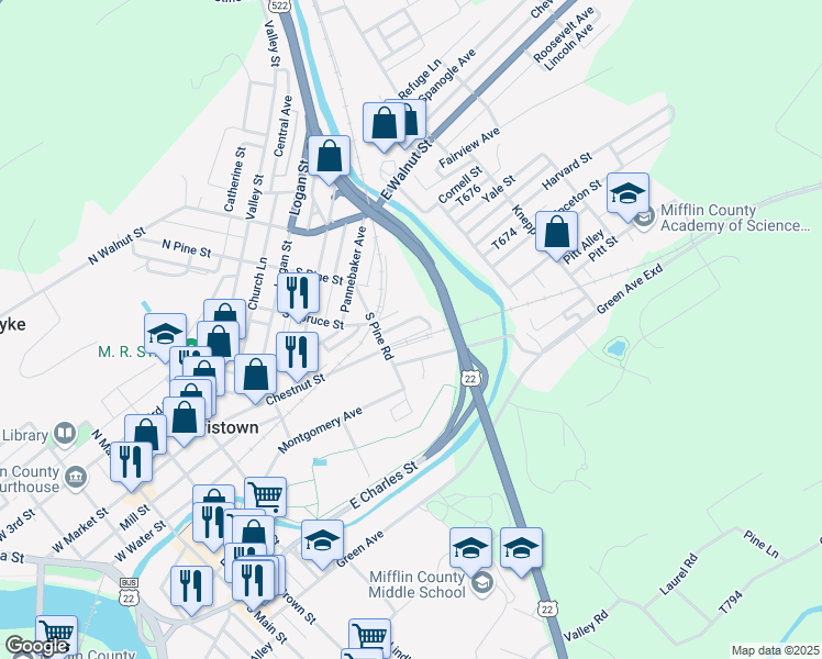 map of restaurants, bars, coffee shops, grocery stores, and more near 36 Feeder Avenue in Lewistown