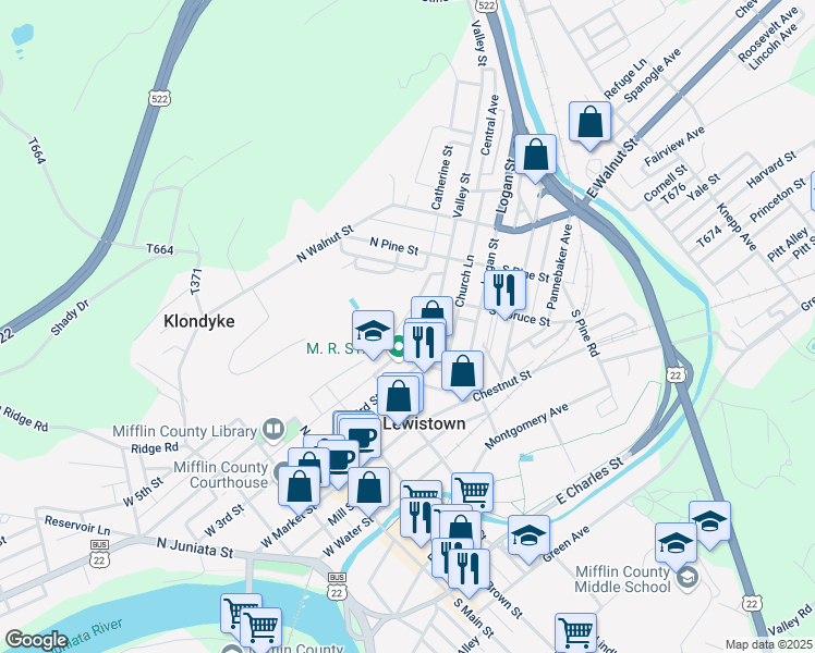 map of restaurants, bars, coffee shops, grocery stores, and more near 240 East 4th Street in Lewistown