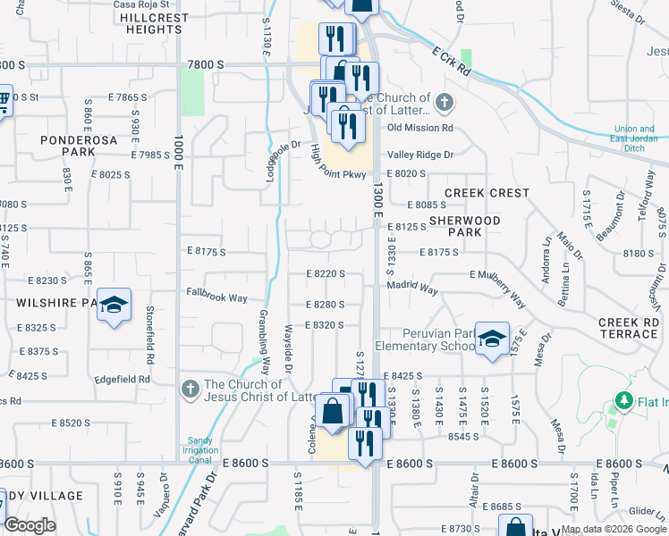 map of restaurants, bars, coffee shops, grocery stores, and more near 1237 East 8220 South in Sandy
