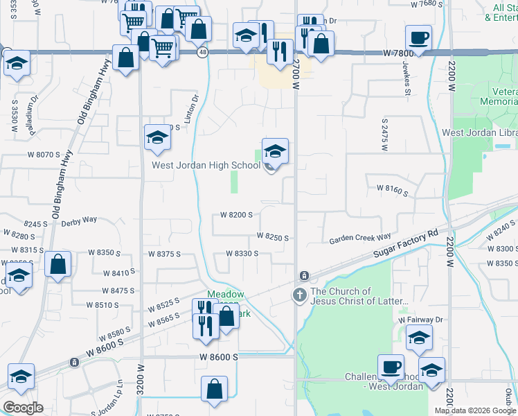 map of restaurants, bars, coffee shops, grocery stores, and more near 2790 West 8200 South in West Jordan