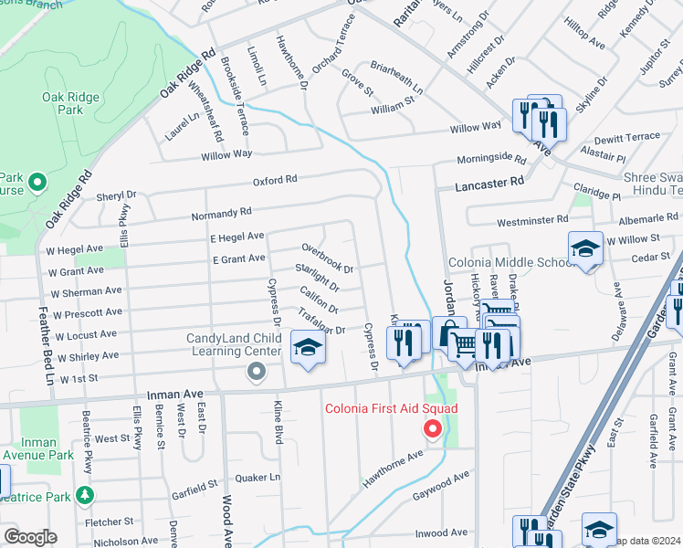 map of restaurants, bars, coffee shops, grocery stores, and more near 15 Overbrook Drive in Woodbridge Township
