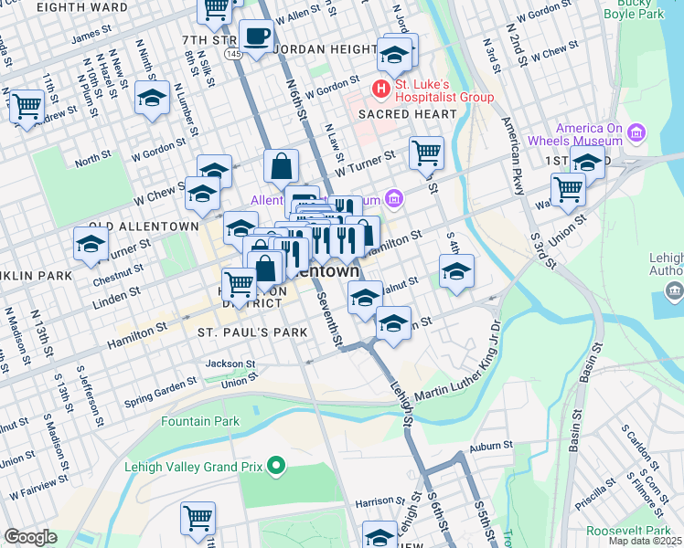 map of restaurants, bars, coffee shops, grocery stores, and more near 620 Hamilton Street in Allentown