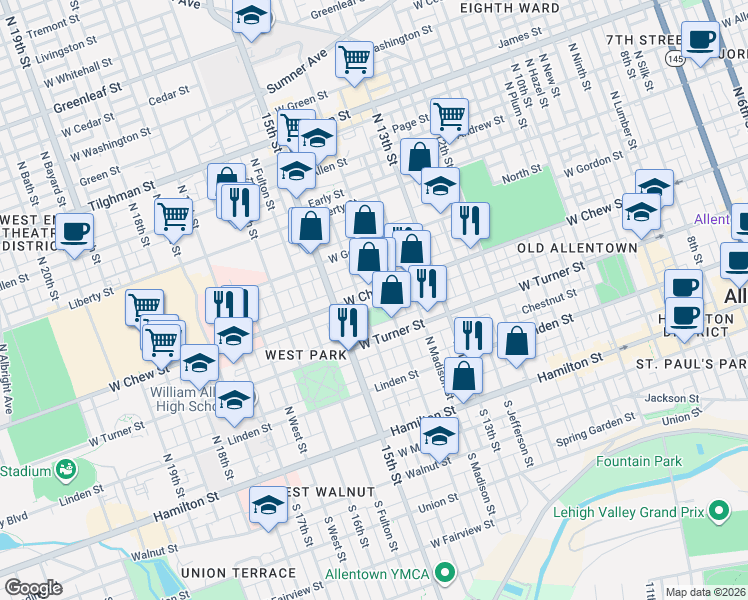 map of restaurants, bars, coffee shops, grocery stores, and more near 1412 West Chew Street in Allentown