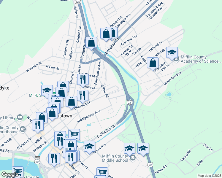 map of restaurants, bars, coffee shops, grocery stores, and more near 24 Feeder Avenue in Lewistown