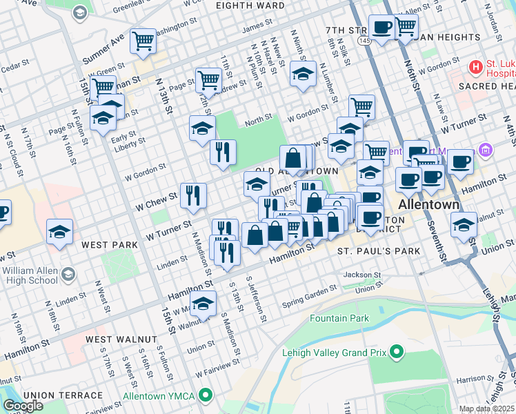 map of restaurants, bars, coffee shops, grocery stores, and more near 1124 West Turner Street in Allentown