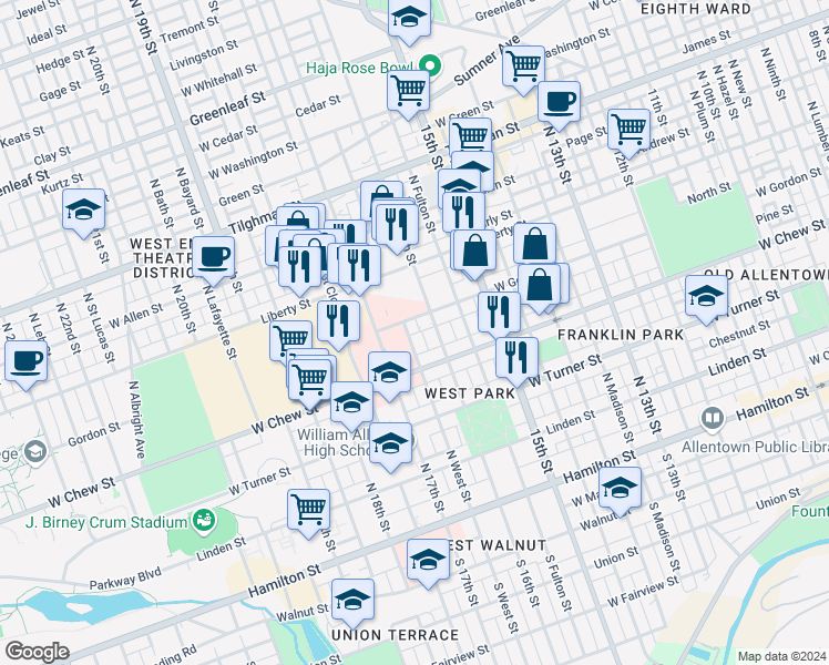 map of restaurants, bars, coffee shops, grocery stores, and more near 337 North West Street in Allentown
