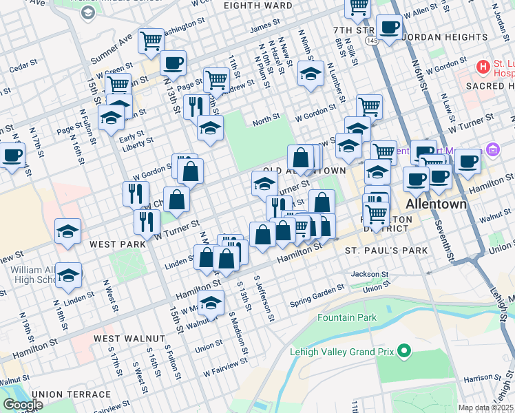 map of restaurants, bars, coffee shops, grocery stores, and more near 1142 West Turner Street in Allentown
