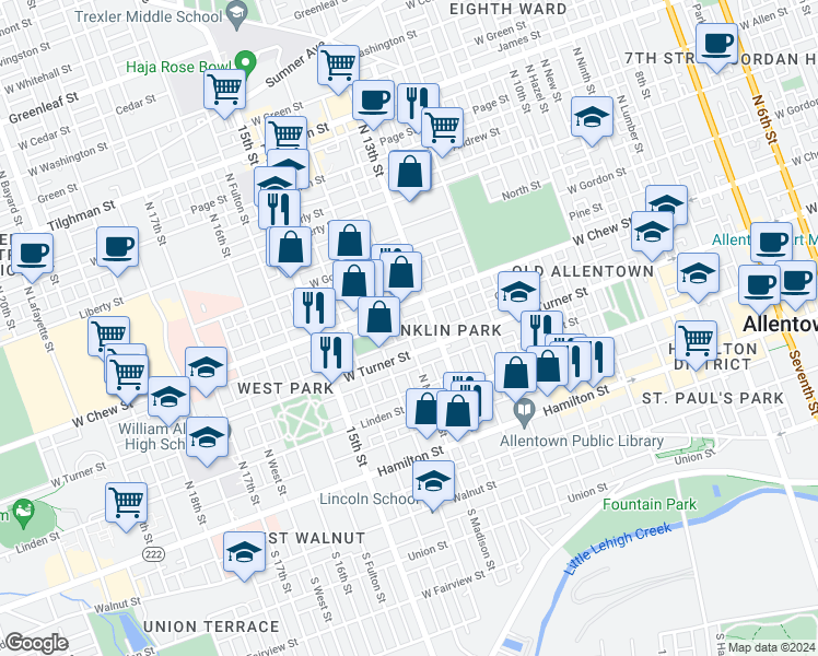 map of restaurants, bars, coffee shops, grocery stores, and more near 221 North Madison Street in Allentown