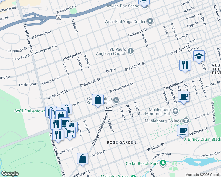 map of restaurants, bars, coffee shops, grocery stores, and more near 2707 West Washington Street in Allentown
