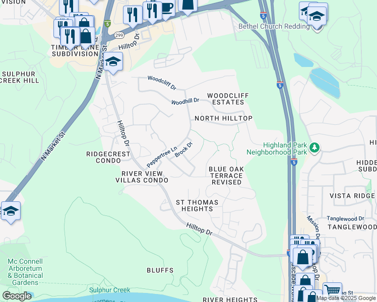 map of restaurants, bars, coffee shops, grocery stores, and more near 577 Brock Drive in Redding