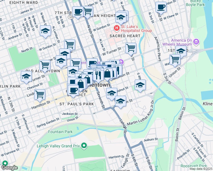 map of restaurants, bars, coffee shops, grocery stores, and more near 20 South 6th Street in Allentown