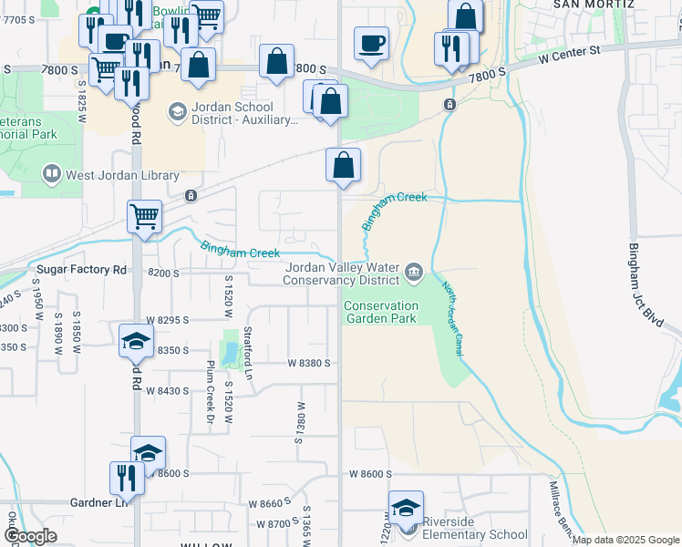 map of restaurants, bars, coffee shops, grocery stores, and more near 8215 South 1300 West in West Jordan