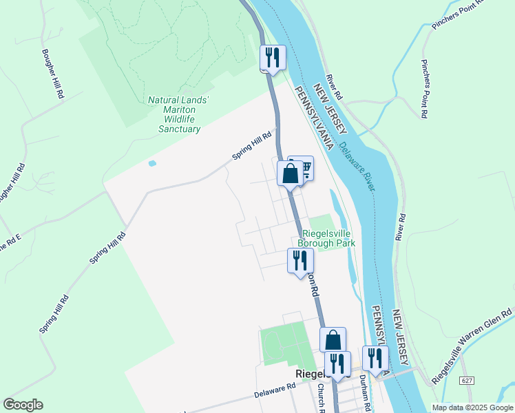 map of restaurants, bars, coffee shops, grocery stores, and more near 303 Poplar Road in Riegelsville