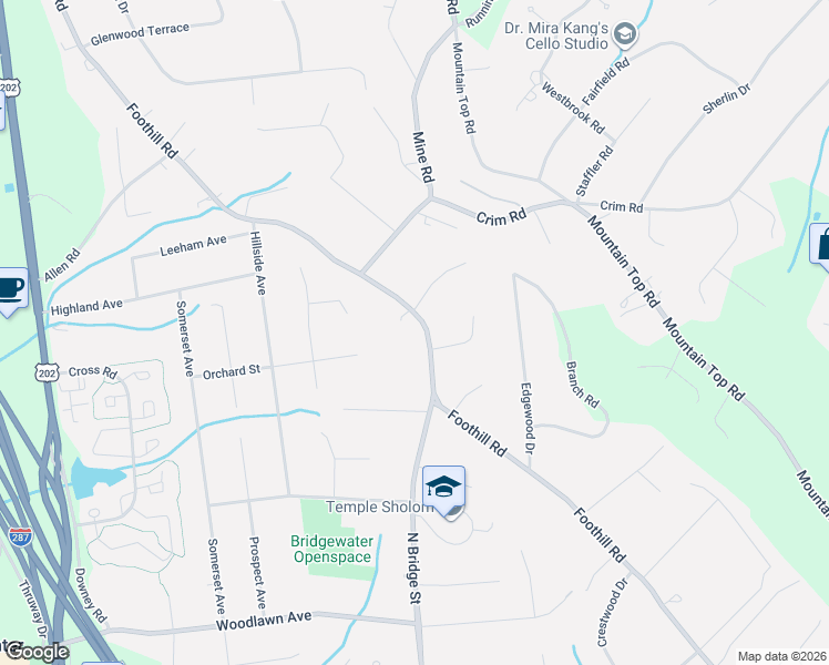 map of restaurants, bars, coffee shops, grocery stores, and more near 603 Foothill Road in Bridgewater Township